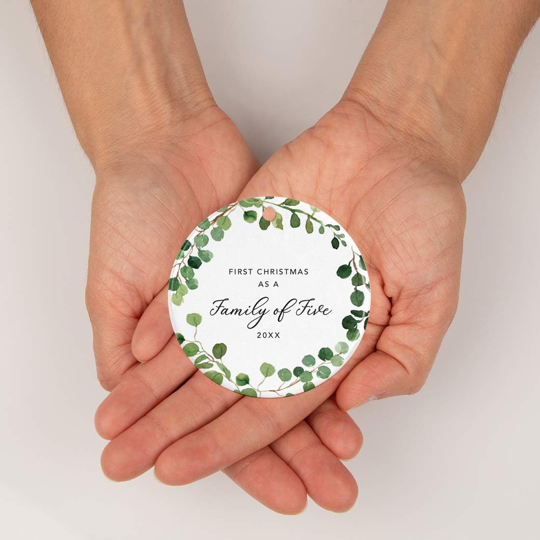 Andaz Press Custom Year Round Ceramic Porcelain Christmas Tree Ornament Keepsake Collectible Gift, First Christmas as a Family of Five 2025, Farmhouse Eucalyptus Wreath, 1-PackNew
