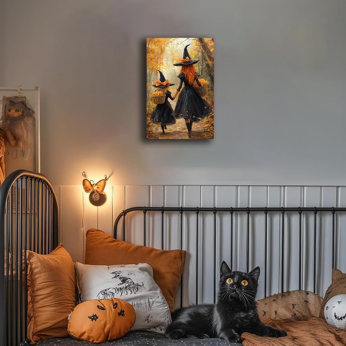 Mother Witch And Child Daughter Witch Wall Art,Halloween Autumn Woodland Forest Path Picture,Family Room Nursery Playroom Kids Room Decor,20"x30" Framed