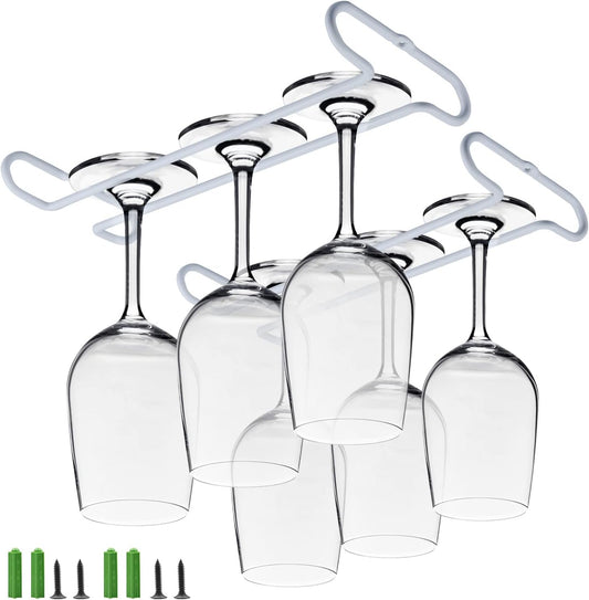 set 2 White Wine Glass Rack Under Cabinet Shelf 10 Inch Stemware Storage Hanging Hanger Organizer Glasses Holder with Drying Under Counter Metal for Kitchen and Bar