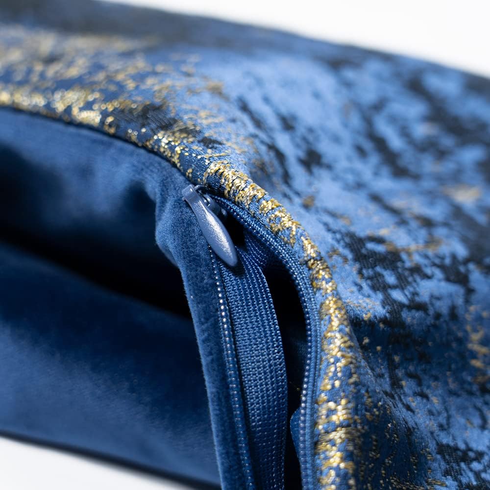 THE-TINOART Navy Gold Jacquard Pillow Cover 22x22 - Reversible Design with Gold Thread Embroidery, Luxury Velvet Back for Sofa & Bed Decor