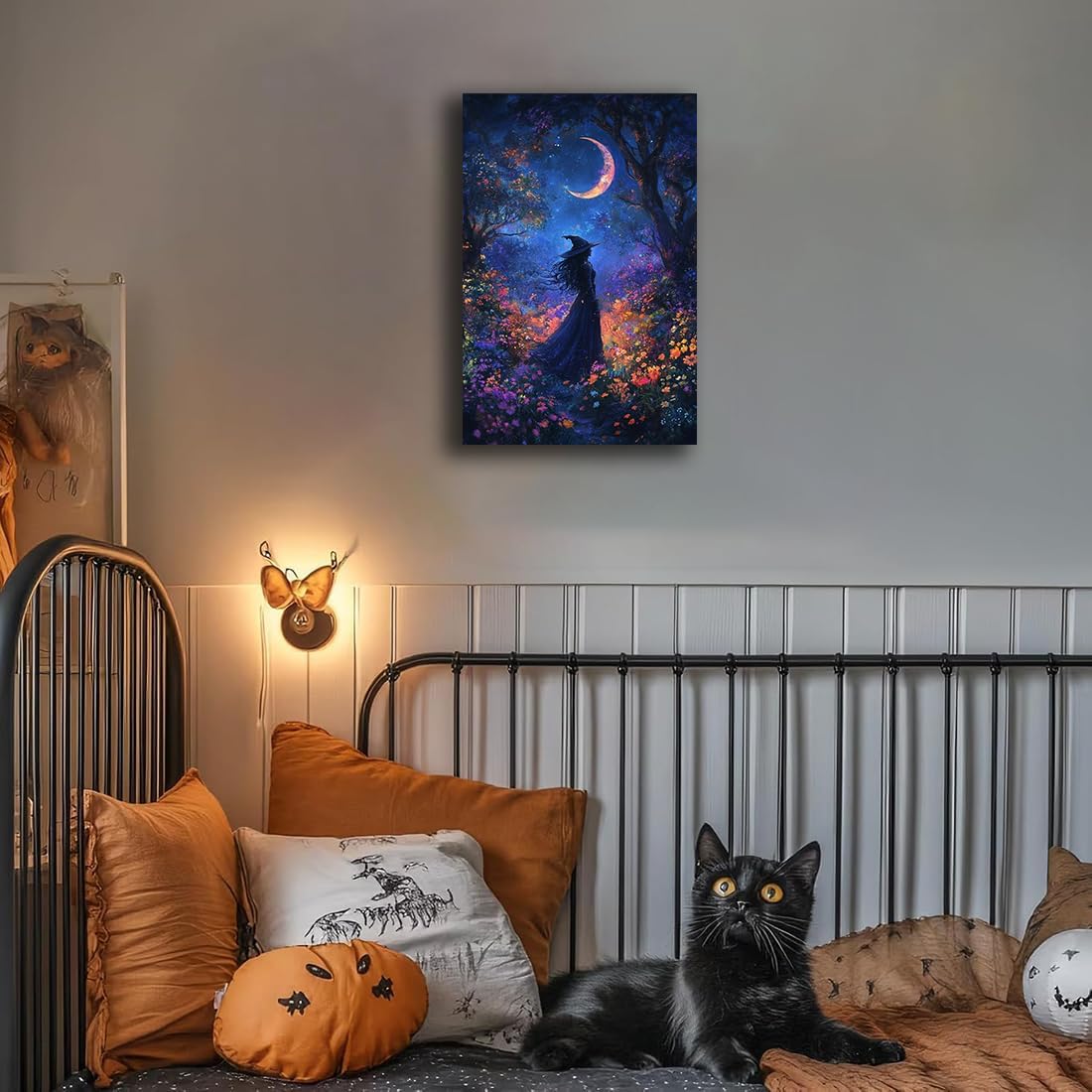 Vintage Halloween Witch Decor Mystic Gothic Wall Art Poster,Enchanting Witch Fall Whimsical Wildflowers Woodland Forest Crescent Moon Picture Art,Creepy Witchy Home Decor,16"x24" Framed