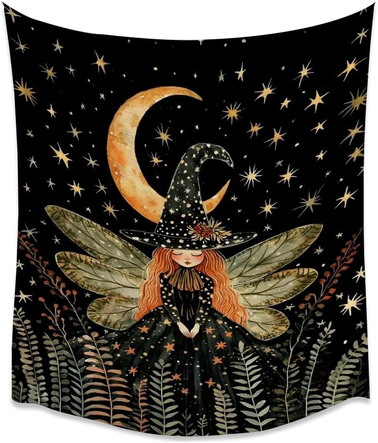 Dark Academia Witch Fairy Tapestry Wall Hanging Magical Moon Starry Night Art Print Halloween Witchy Artwork Aesthetic Wall Tapestries for Girls Bedroom Living Room Dorm Decoration 70x90inch