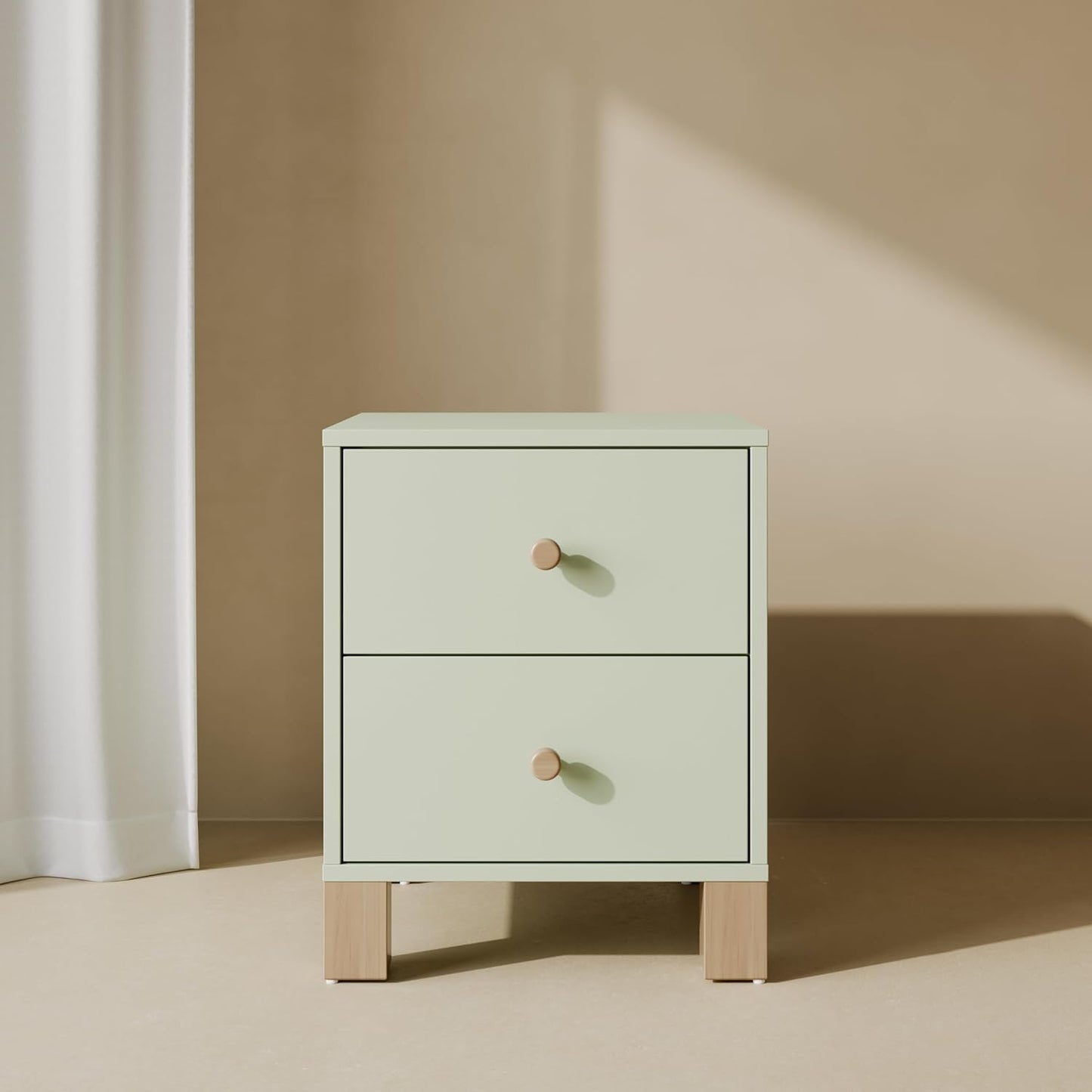 Storkcraft California 2 Drawer Nightstand (Sage with Driftwood) - GREENGUARD Gold Certified Nightstand for Kids Bedroom, Premium Wood Storage with Elegant, Iconic Block Feet