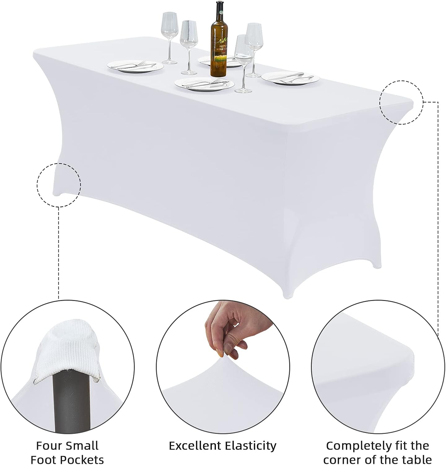 CWK 4FT Waterproof Stretch Spandex Table Cover for Rectangular Tables - Elastic Fitted Tablecloth for Folding Tables,Wrinkle Resistant Table Cloth for Parties, Weddings, Banquets & Events (White)