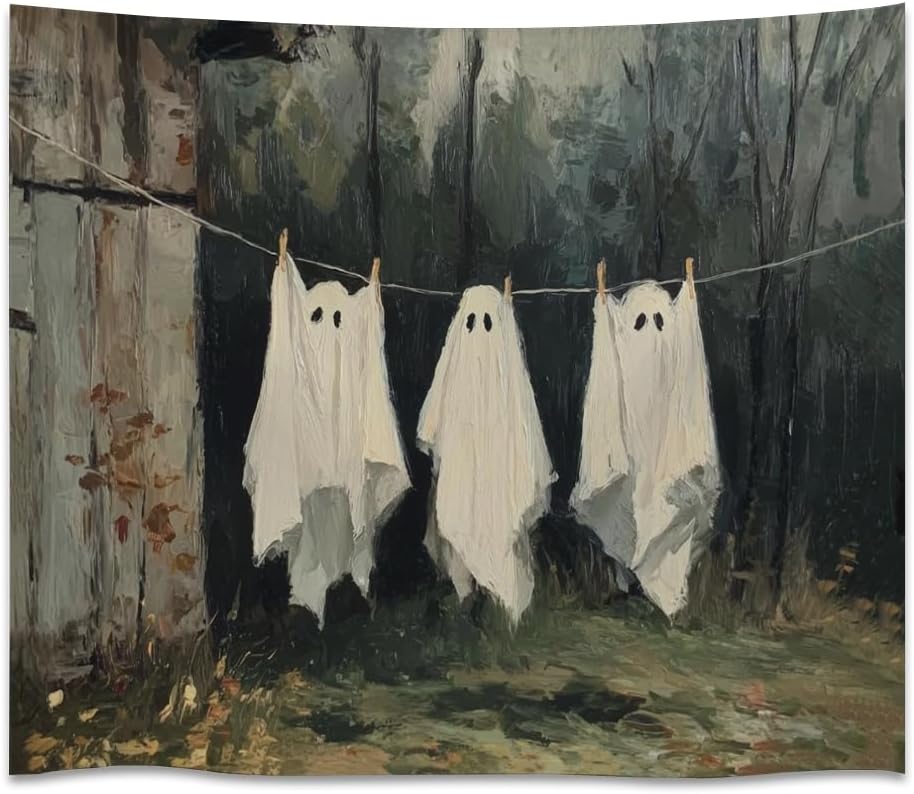 Vintage Halloween Tapestry Funny Ghosts on Clothesline Tapestry Wall Hanging Farmhouse Gothic Room Decor Spooky Ghost Prints for Dark Academia Halloween Party House Decoration Tapestries 60x80inch
