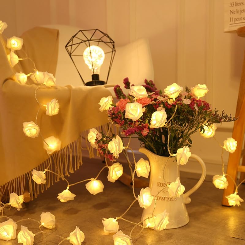 Everlasting Splashes LED Rose Flower Fairy String Lights Battery Operated Warm Flashing Light Romantic Proposal Wedding Party Birthday Christmas Thanksgiving DIY Indoor Outdoor Decorations(Soft White)