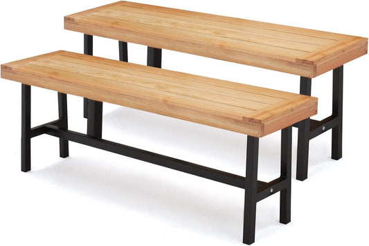 AVAWING Outdoor Wood Benches Set of 2, Patio Wooden Picnic Bench Waterproof, Backless Long Garden Park Chair for Porch, Balcony and Deck, Natural
