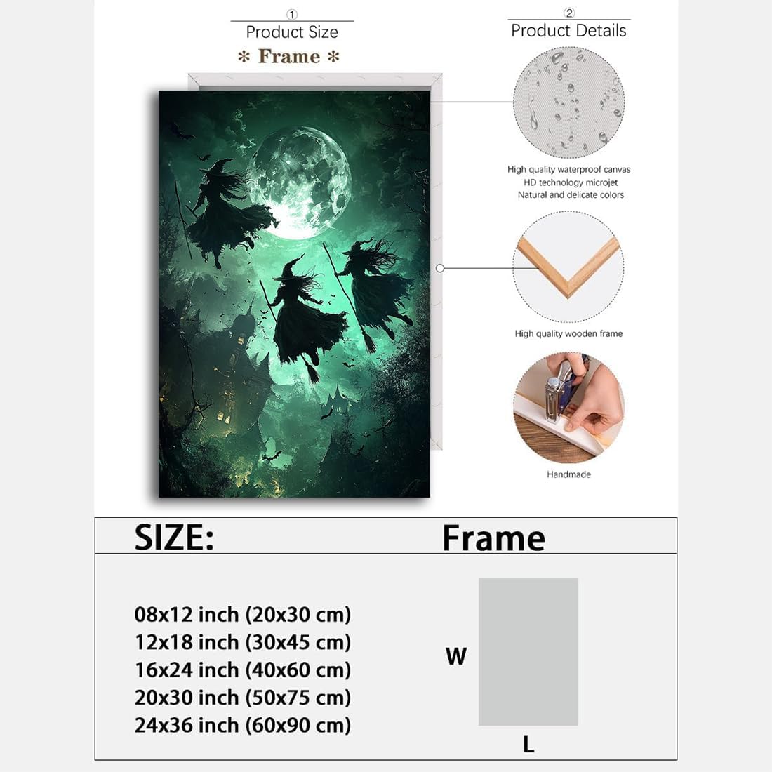 Flying Three Witches Halloween Canvas Wall Painting,Witches on Broom Under Full Moon Castle Victorian Decoration Haunted House Retro Poster for Living Room Bedroom Gallery,24"x36" Framed