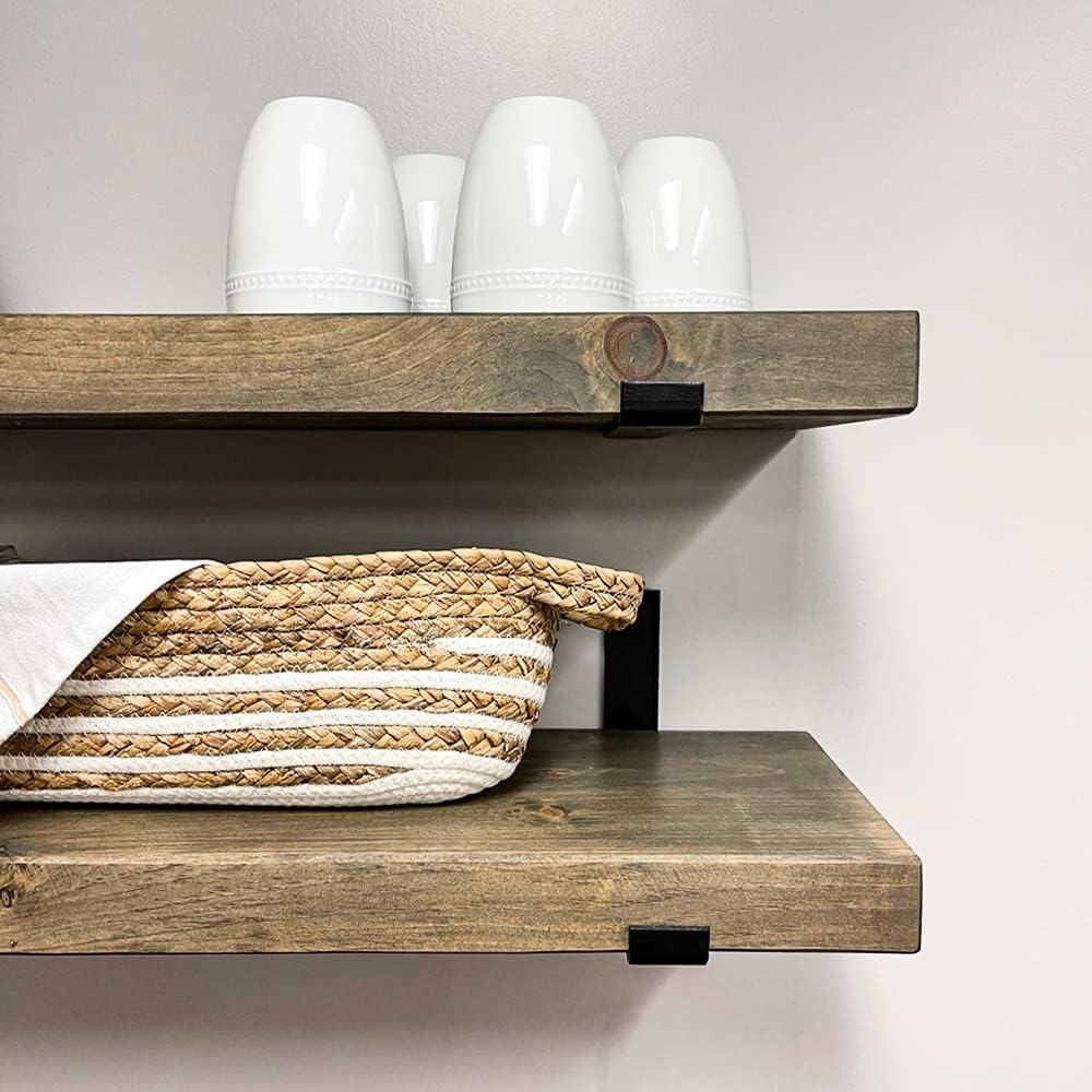 Rustic Shelves with J-Brackets Set of 2, Industrial Shelf, Kitchen Shelves, Solid Wood, Decorative Wall Storage, Heavy Duty, URBANDI (Grey, 12Wx6D)