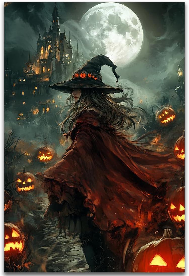 Dark and Moody Gothic Witch Poster Wall Art,Vintage Rustic Witch in Cloak with Castle Pumpkin Road Dark Gothic Poster,Goth Spooky Season Halloween Prints for Fantasy Office,16"x24" Unframed