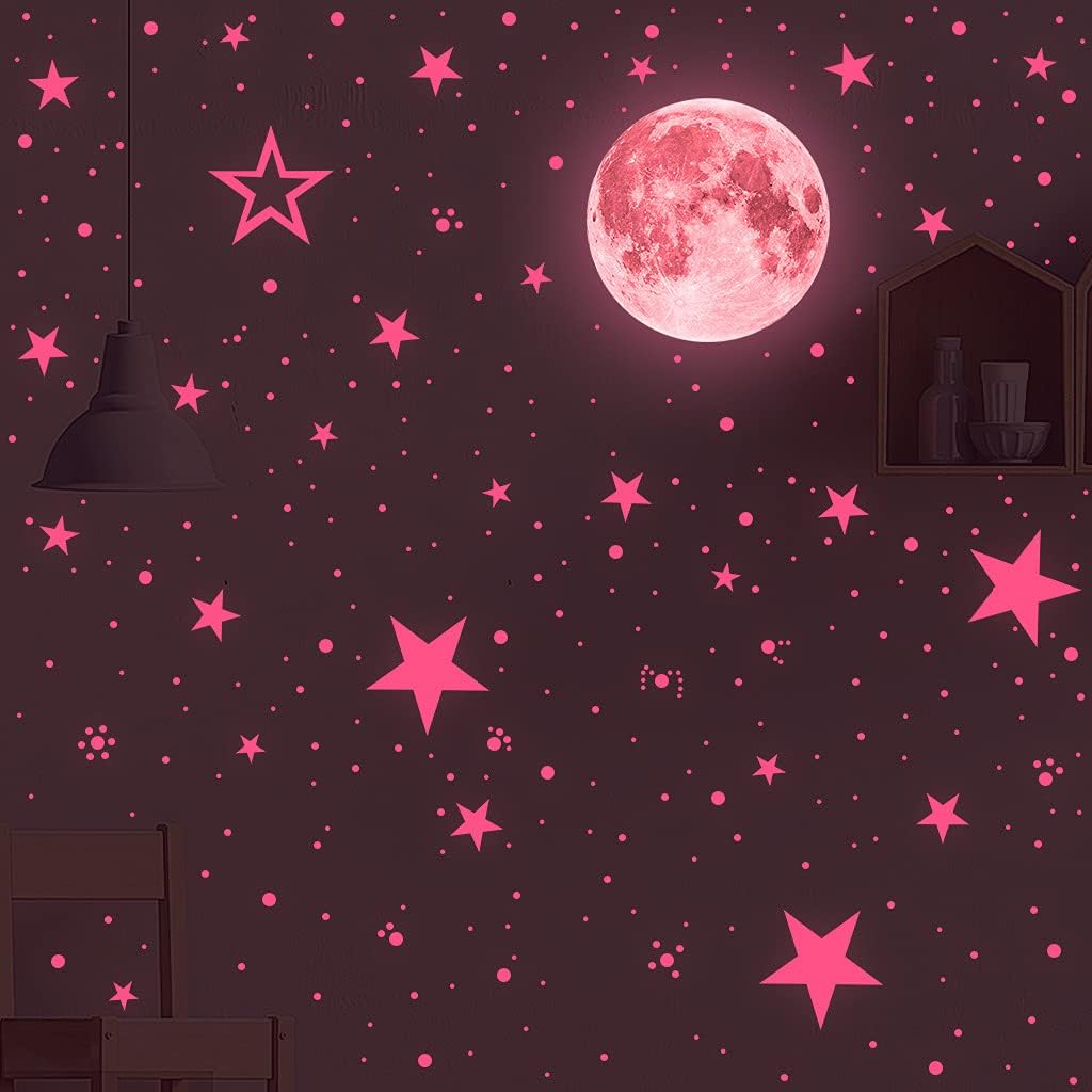 Glow in The Dark Stars and Moon Stickers for Ceiling, Luminous Wall Decals Decor for Bedroom Living Room, 407 dots + 27 Stars + 30cm Moon