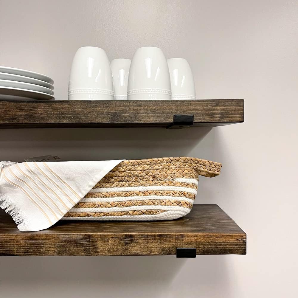 Rustic Shelves with J-Brackets Set of 2, Industrial Shelf, Kitchen Shelves, Solid Wood, Decorative Wall Storage, Heavy Duty, URBANDI (Dark Brown, 48Wx10D)