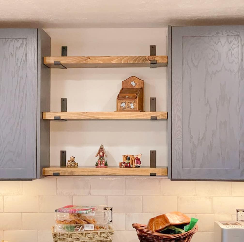 Rustic Shelves with J-Brackets Set of 2, Industrial Shelf, Kitchen Shelves, Solid Wood, Decorative Wall Storage, Heavy Duty, URBANDI (Brown, 48Wx6D)