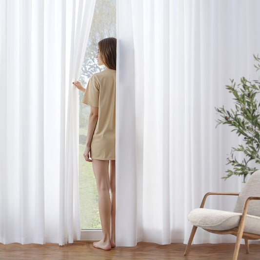 MIULEE White Privacy Sheer Curtains That Let Light in 96 Inches Long Non-See-Through Semi Sheer Curtains Light Filtering Window Curtain Drapes for Living Room Bedroom 2 Panels Set 42 X 96