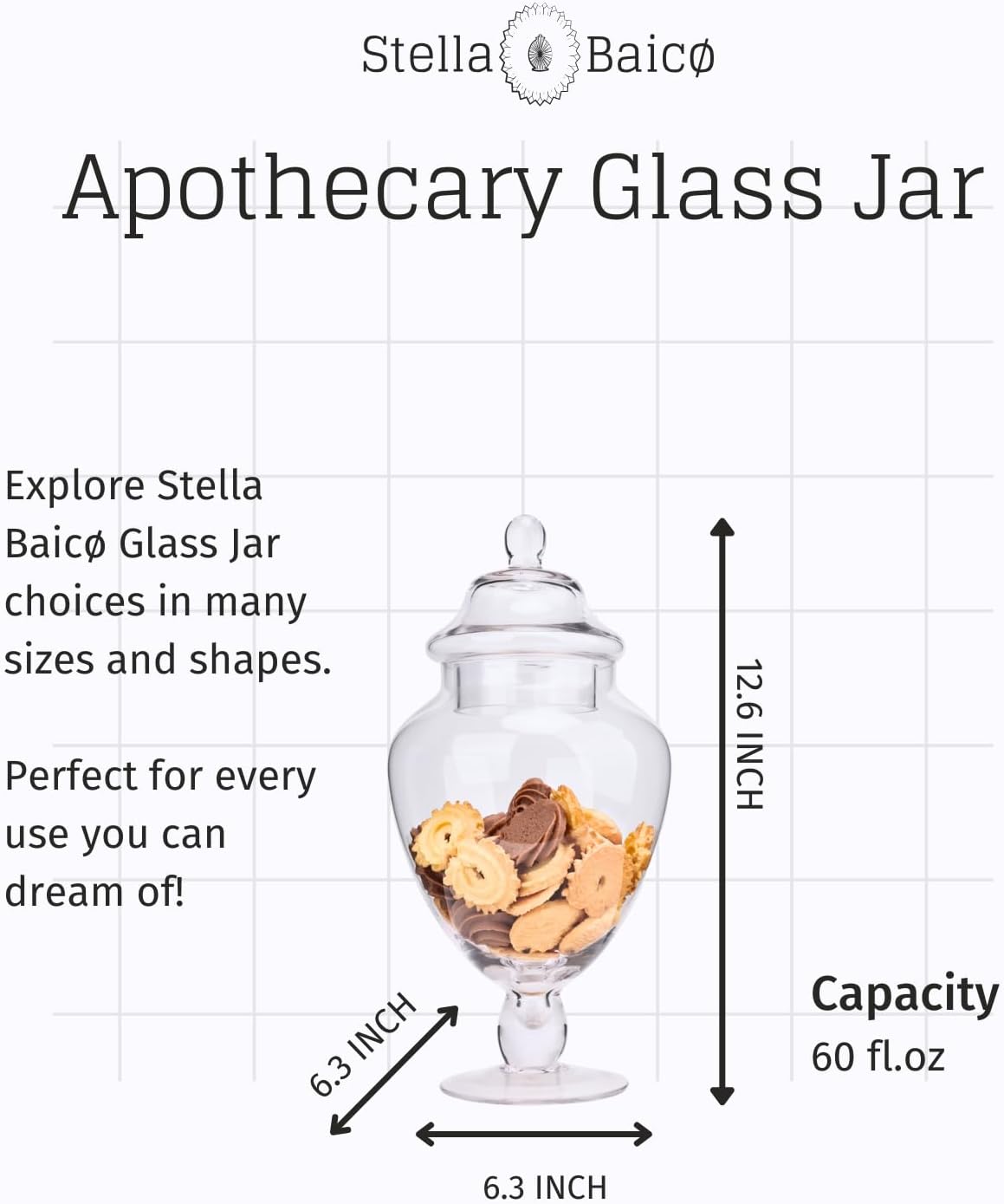 Clear Glass Apothecary Jars with Lid, Glass Candy Jar for Candy Buffet, Elegant Decorative Glass Jars for Wedding, Display and Party, Large Candy Canisters (Height: 12.6", Diameter: 6.3")