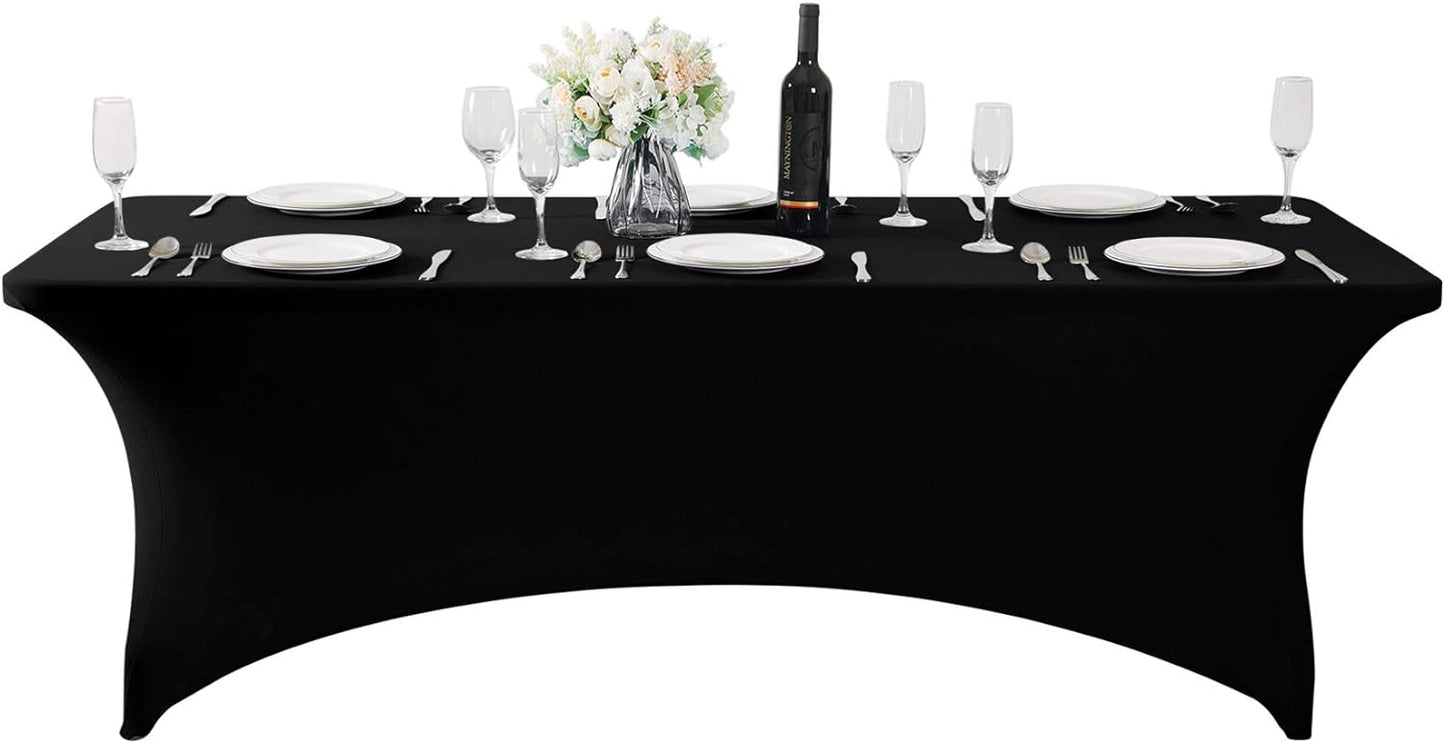 SuperO 2Pack Waterproof Spandex Table Cover for 8FT Table Universal Fitted Stretch Tablecloth for Party, Banquet, Wedding and Events-Black