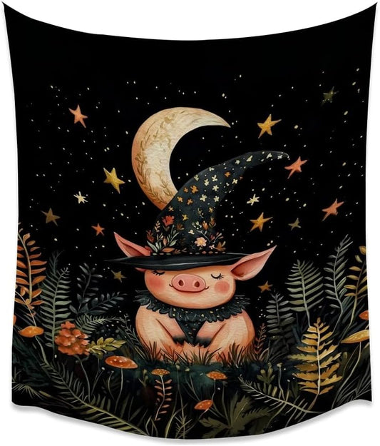 Whimsical Witch Pig Tapestry Wall Hanging Cute Farmhouse Animal Tapestry Aesthetic Moon and Stars Pictures Print Cottagecore Witchy Halloween Artwork Tapestries Decor for Living Room Bedroom 60x80inch