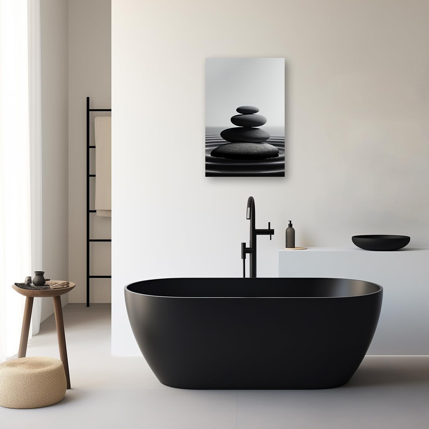 DOARTDO Zen Stone Canvas Wall Art Black and White Spa Stones Picture Print Modern Meditation Spirit Bathroom Decor Frame (12.00" x 18.00", Zen Stone - 1)