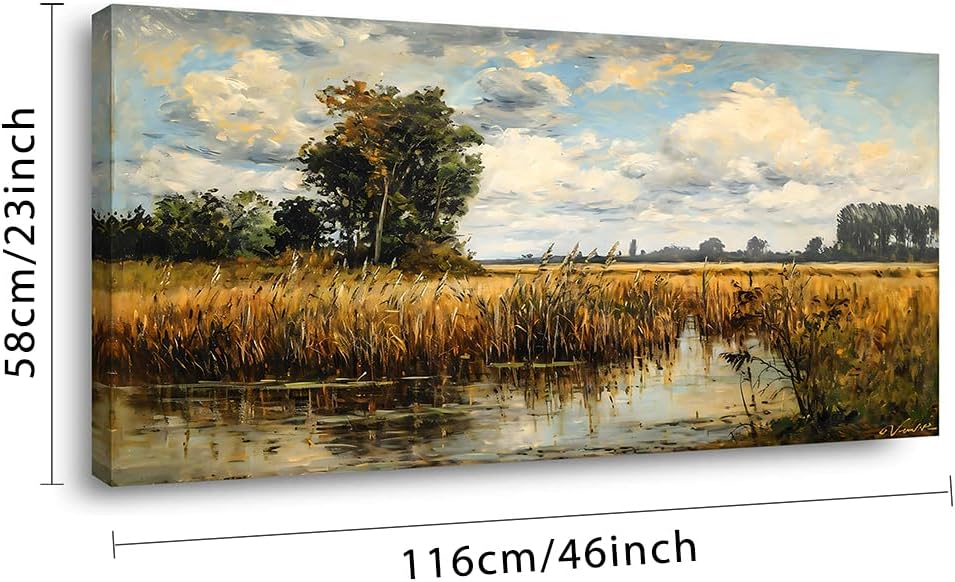 LASMOND Beautiful Wilderness Meadow Canvas Wall Art Oil Painting Reproduction Print Vintage Wildflower Field Scenery Countryside Landscape Tree Rustic Retro Decor Artwork Country Farmhouse Living Room 24x48 Inches