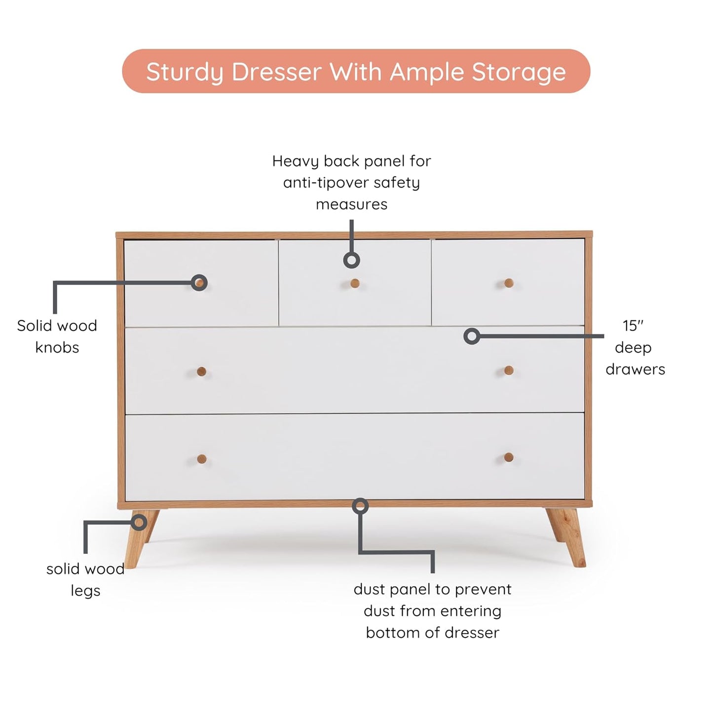 dadada Austin 5-Drawer Dresser for Nursery and Bedroom - Modern Design, Large Storage, Baby-Safe Finish, Anti-Tip Safety, Solid Wood Feet, Durable Construction (White+Red Oak)