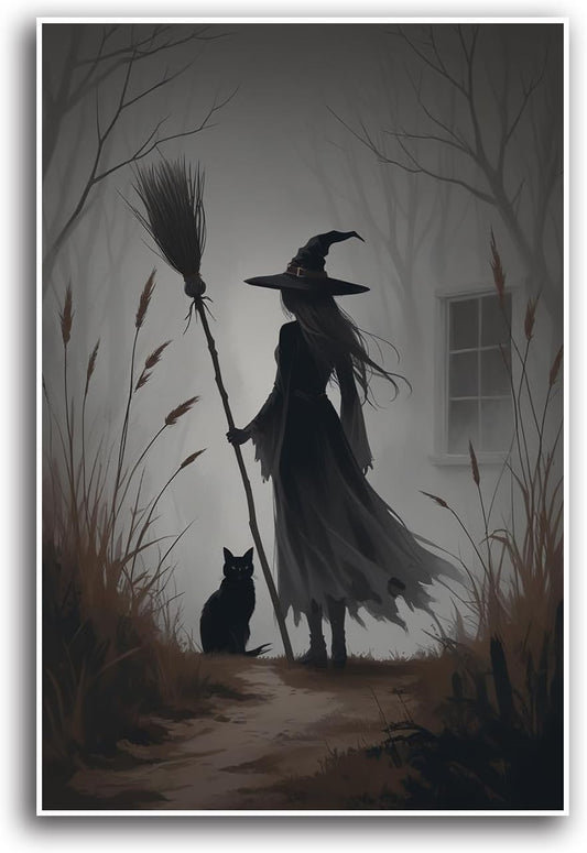 JFHCQJPK Vintage forest witch and black cat poster Halloween mural poster decoration mural art magic suitable for home living room bedroom24x36in Frameless