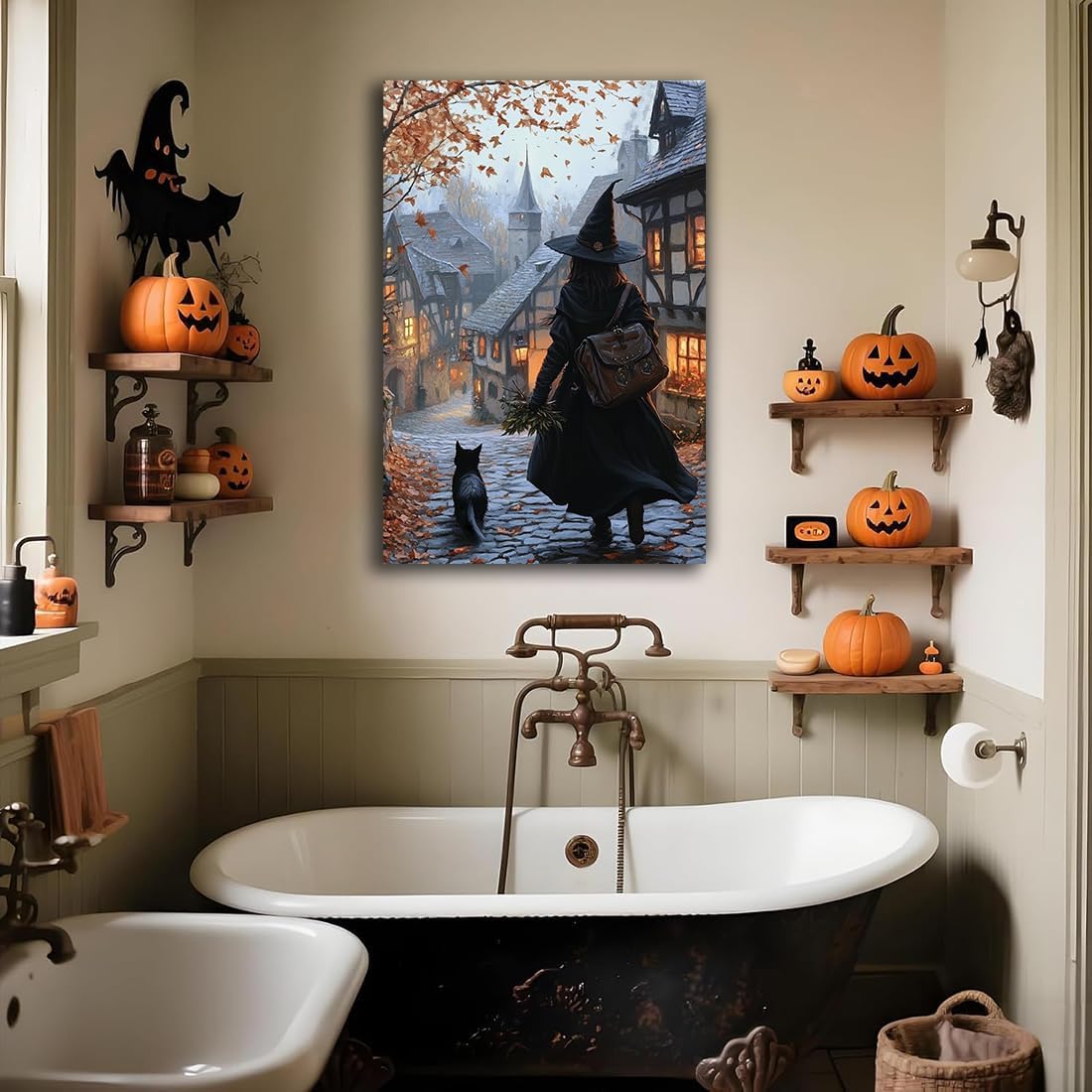 Autumn Witch And Black Cat Picture Wall Decor,Halloween Canvas Vintage Rustic Wall Art,Preppy Bedroom Living Room Bathroom Poster Print,8"x12" Framed