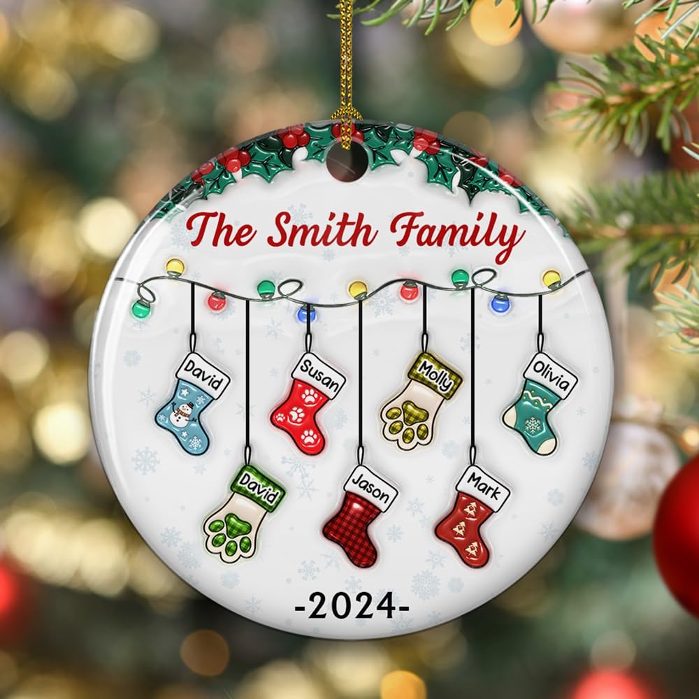 Stocking Personalized Family Christmas Ceramic Ornament 2025-3D Inflated Effect Custom Name Hanging Stock up to 10 Members, First Xmas as A Family Ornament Gifts (A04, 7 Names)