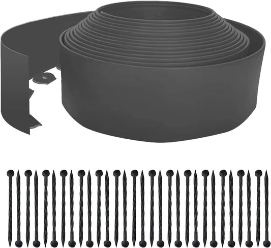 Landscape Edging 33 FT with 30 Spikes, No Dig Garden Edging Border [Extra Tall 4IN High], Flexible Lawn Edging for Landscaping Flower Beds Yard Pathway (Grey)