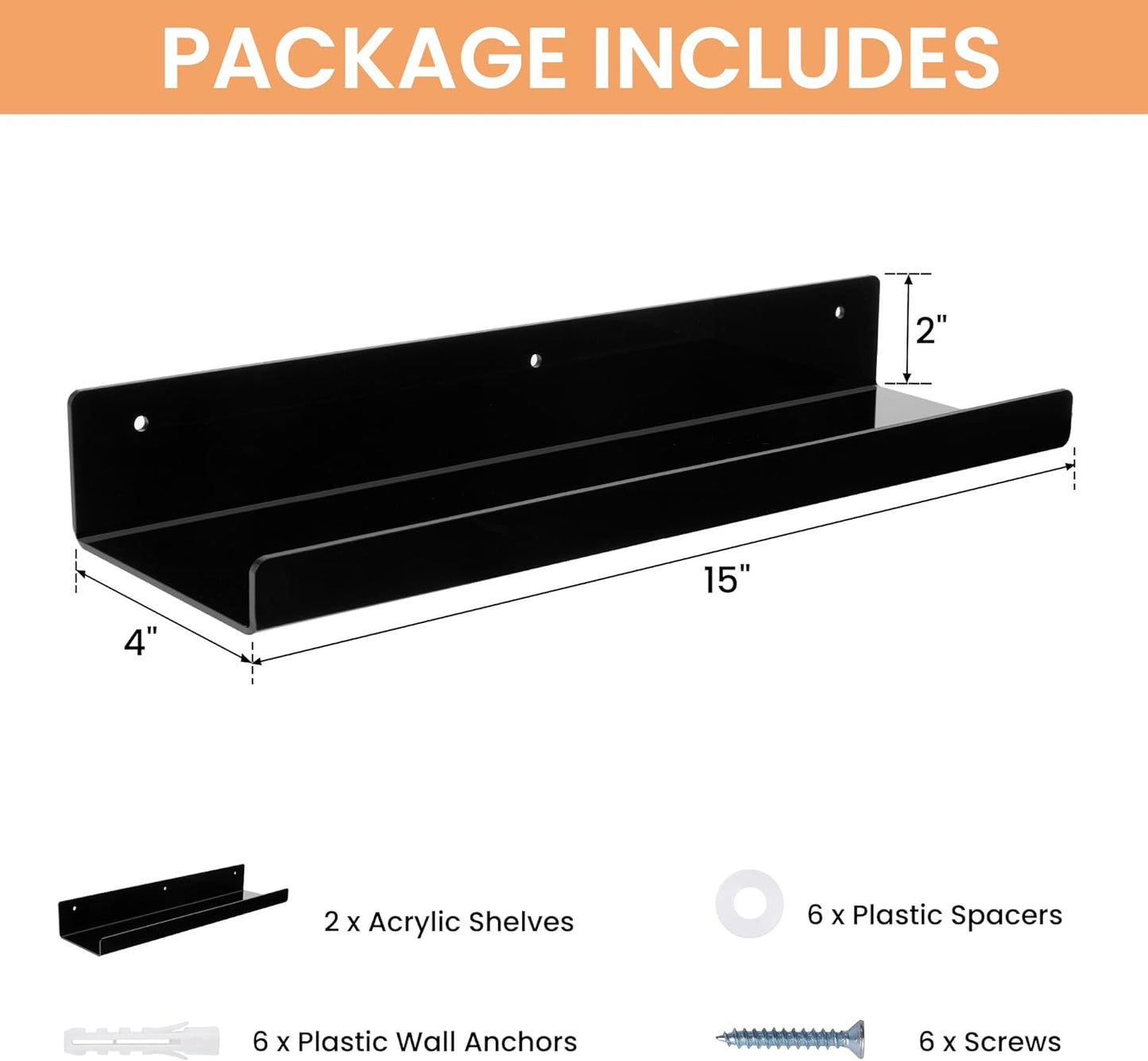 upsimples Acrylic Shelves for Wall Decor, 15" Display Shelf Perfume Organizer for Bathroom, Bedroom, Living Room, Floating Bookshelves for Kids, Black, 2 Pack