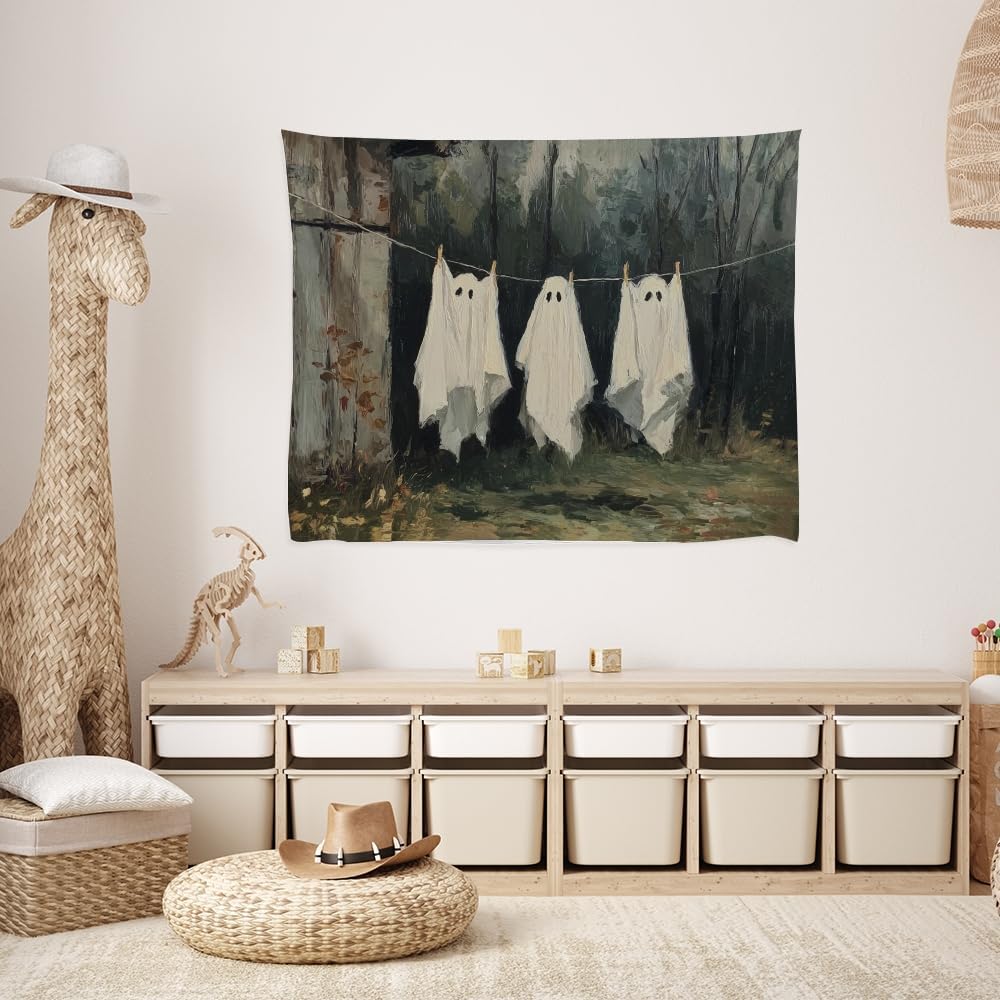 Vintage Halloween Tapestry Funny Ghosts on Clothesline Tapestry Wall Hanging Farmhouse Gothic Room Decor Spooky Ghost Prints for Dark Academia Halloween Party House Decoration Tapestries 60x80inch