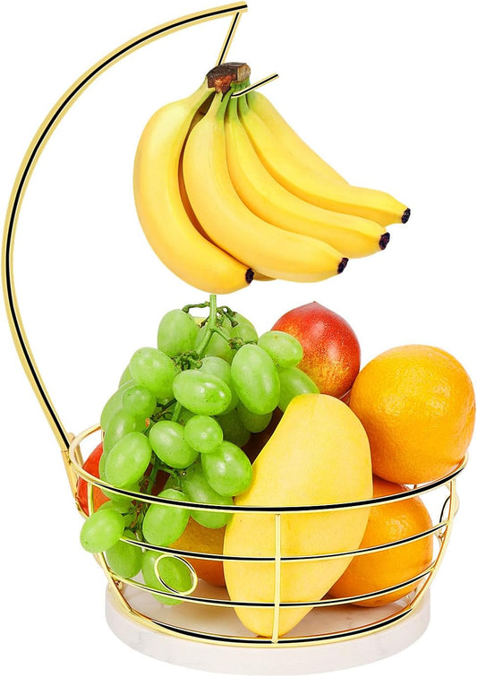 Livabber Countertop Fruit Basket Bowl with Banana Hanger, Modern Standing Fruit Vegetable Bowl Storage, with Banana Tree Holder for Kitchen Dinning Table (Round Marble, Gold)