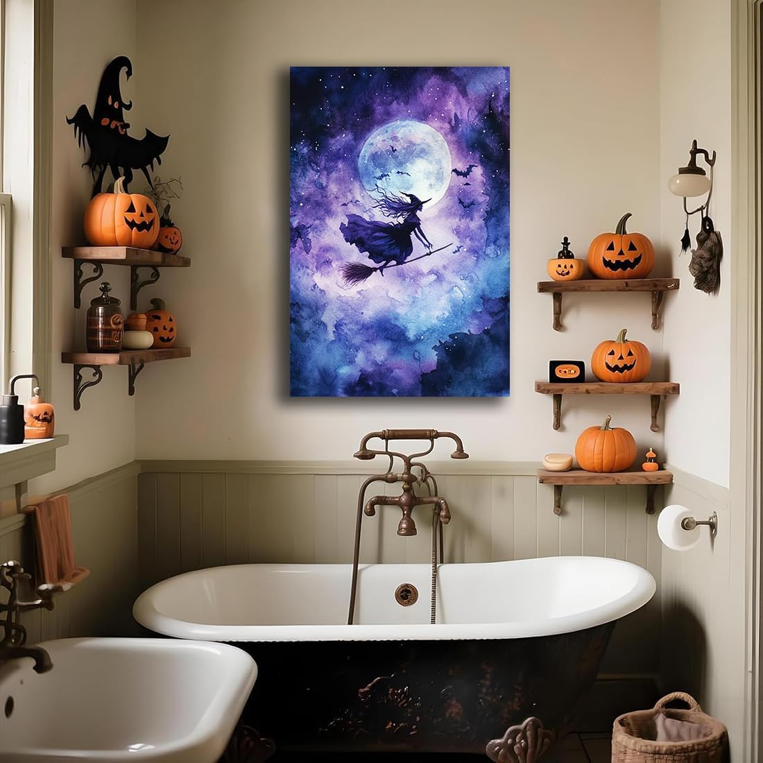 Witch On Broom Flying Wall Art,Gothic Halloween Canvas Wall Art,Victorian Witch Silhouette In Moonlight Broomstick Poster Pictures,Creepy Halloween Purple Night Sky Print,8"x12" Framed