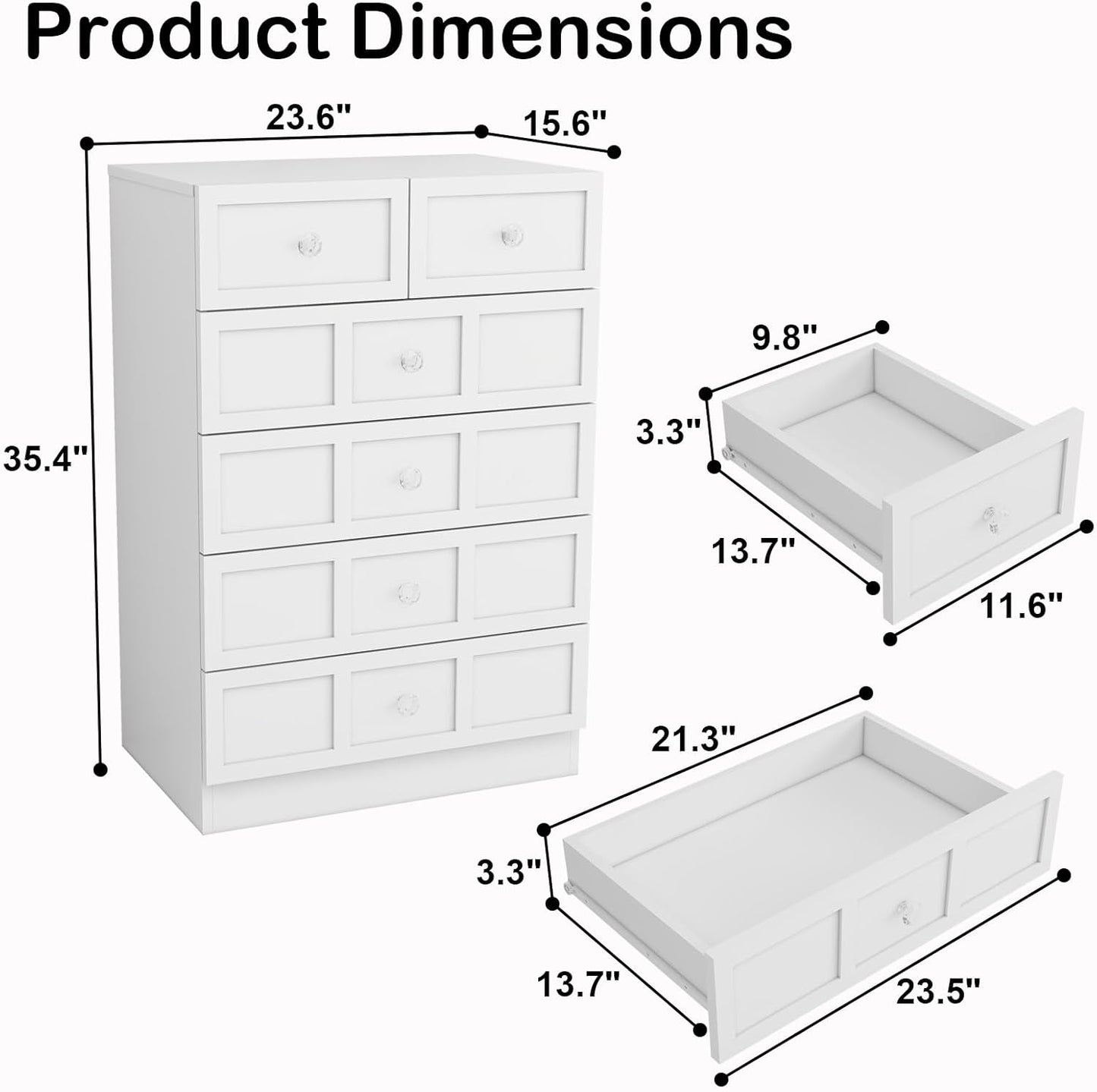 Wood Dresser for Bedroom 6 Drawer: 24" White Chest of Drawers Wood, Modern Fluted Cabinet with Sturdy Storage, Wide Aesthetic Furniture for Room Organization