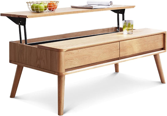 100% Solid Wood Lift Top Coffee Table for Living Room, Mid Century Modern Tables with Drawers and Large Storage, Oak Coffee Tables for Small Spaces (Oak Wood Log, 47.24" W x 23.62" D x 25.59" H)