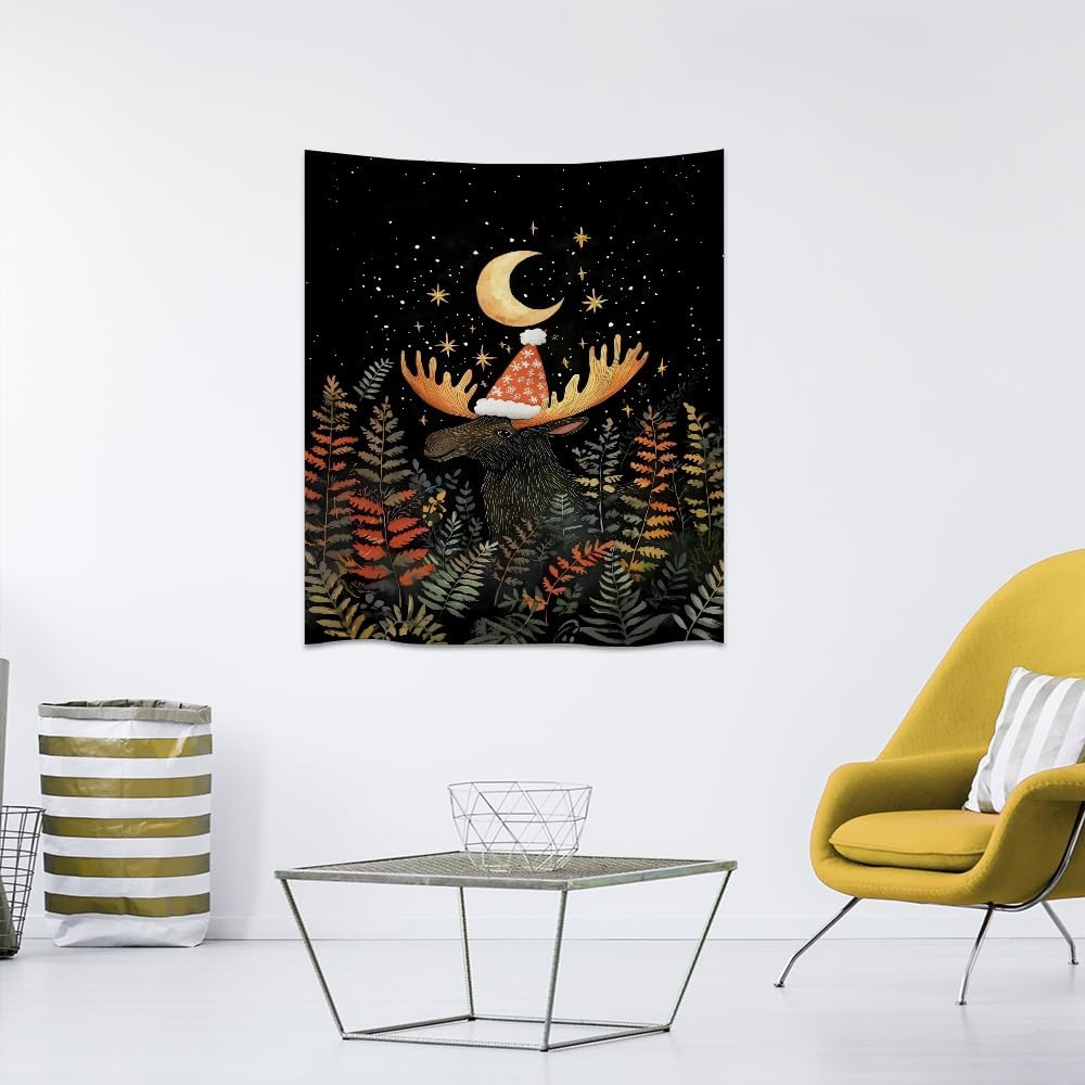 Cute Moose Tapestry Winter Christmas Aesthetic Wall Hanging Decor Funny Animal Lover Gift Whimsical Christmas Tapestries for Nursery Kids Bedroom Home Living Room Decoration 30x40inch