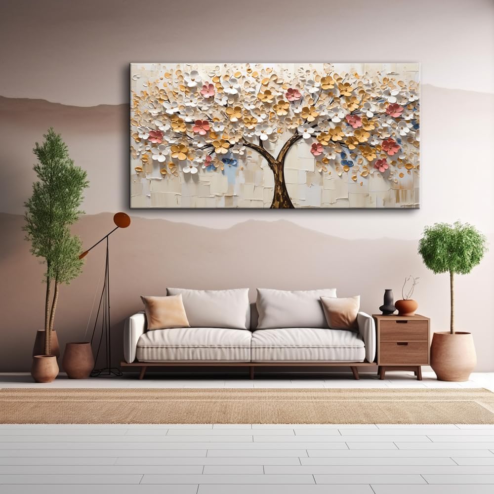 LASMOND White Spring Tree of Life Wall Art Office Decor Living Room Modern Painting Prints Pictures Abstract Floral Flower Nature Canvas Large Landscape Artwork (16x30 Inches)