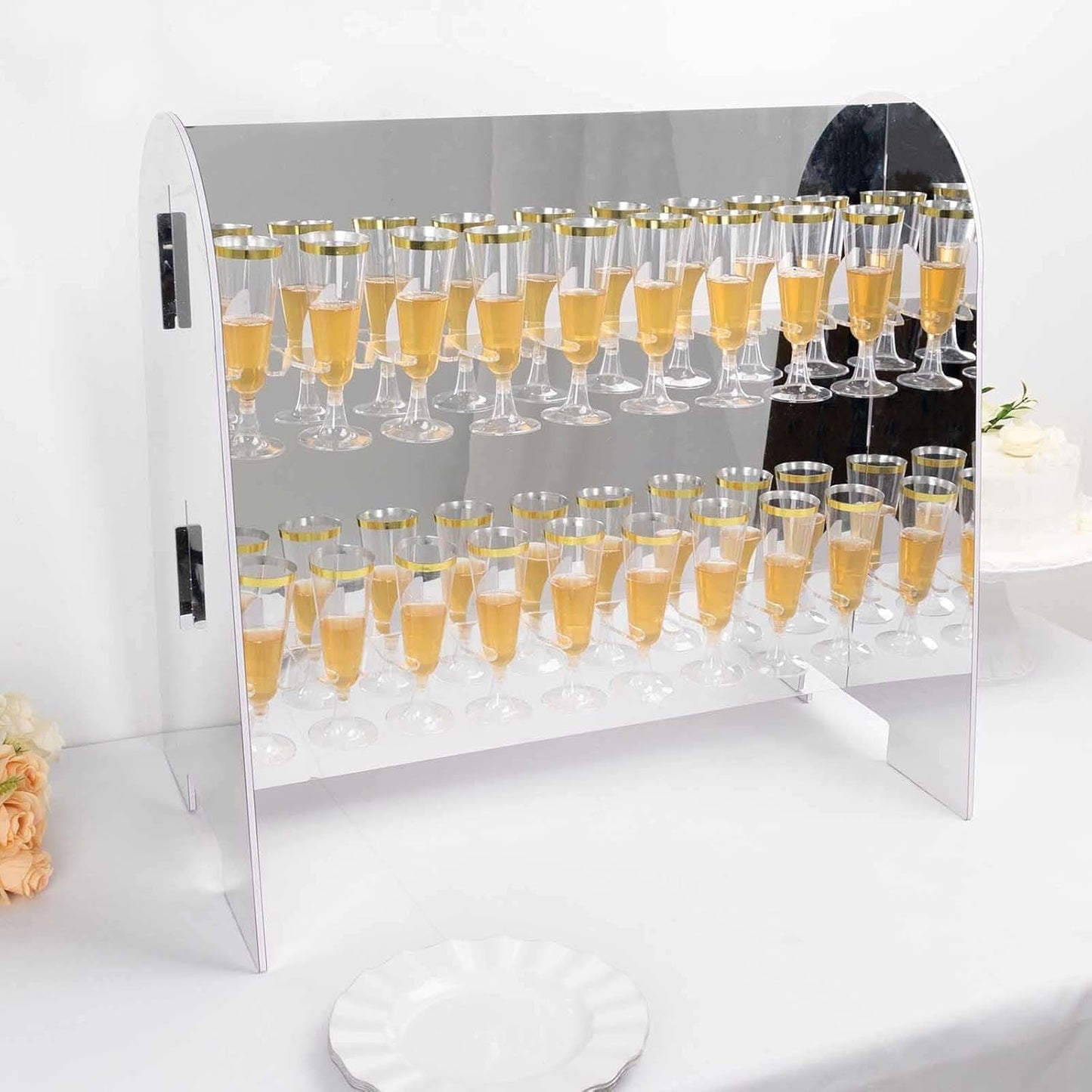 Tableclothsfactory Silver Mirror Finish 2-Tier Wine Glass Stemware Rack, 18 Champagne Flute Holder Foam Board Stand - 25"