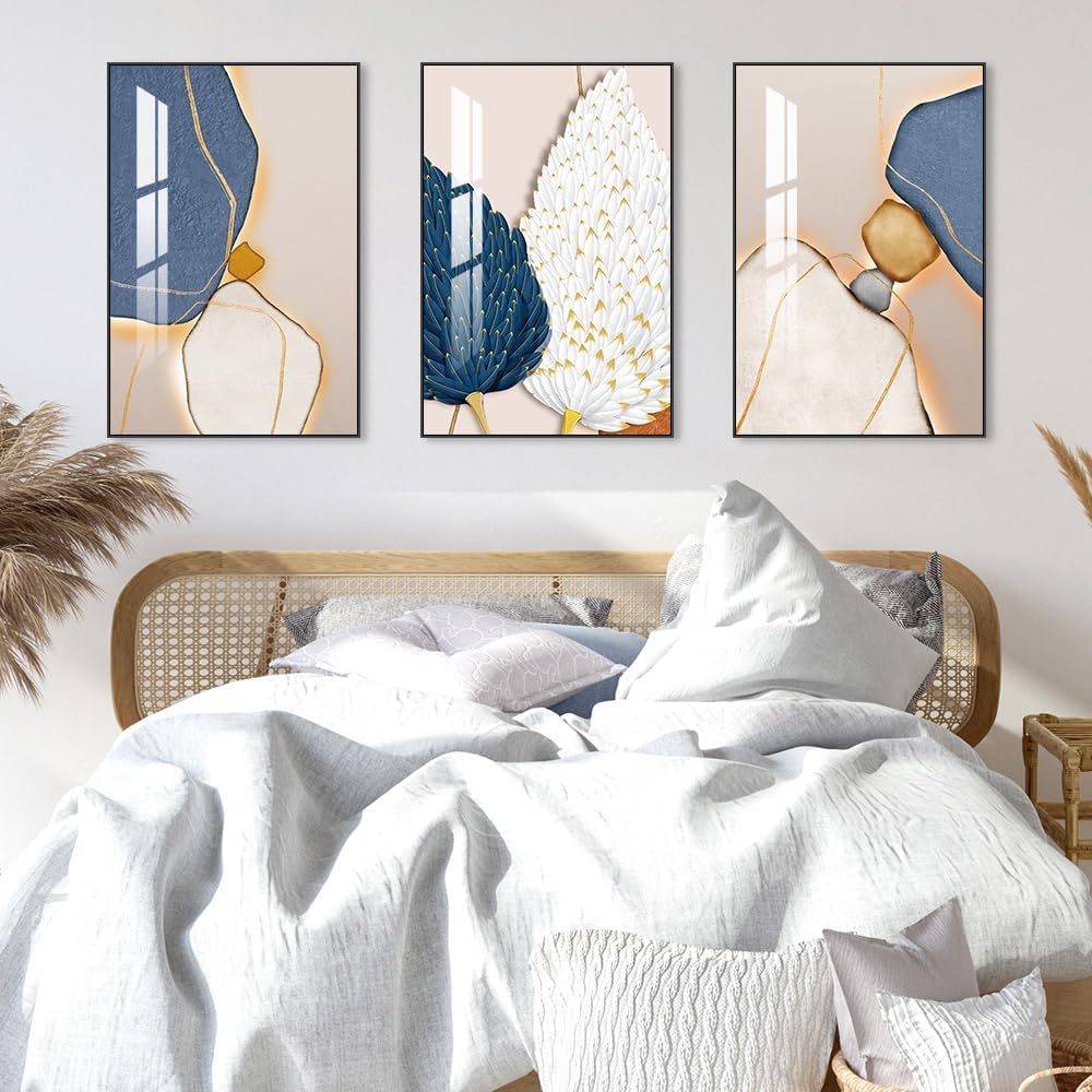 Bright Style Wall Art Set of 3 Frames Canvas Wall art Decor Abstract Minimalism Natural Posters & Prints, large Size Wall Art For Living room Bedroom Kitchen Office (24 "X 16" X 3 pieces, Blue)