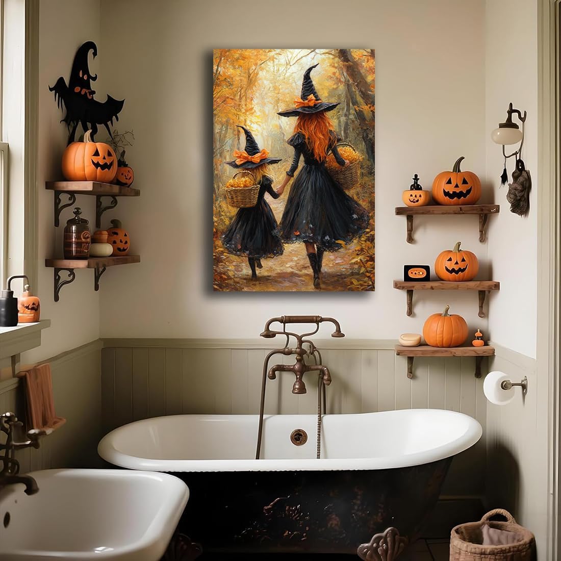 Mother Witch And Child Daughter Witch Wall Art,Halloween Autumn Woodland Forest Path Picture,Family Room Nursery Playroom Kids Room Decor,12"x18" Framed