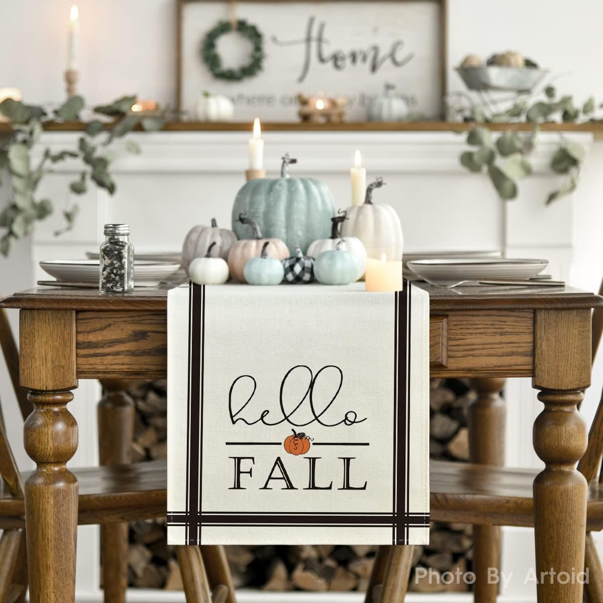 Artoid Mode Hello Fall Stripes Pumpkin Autumn Table Runner, Seasonal Fall Kitchen Dining Table Decoration for Home Party Decor 13x60 Inch