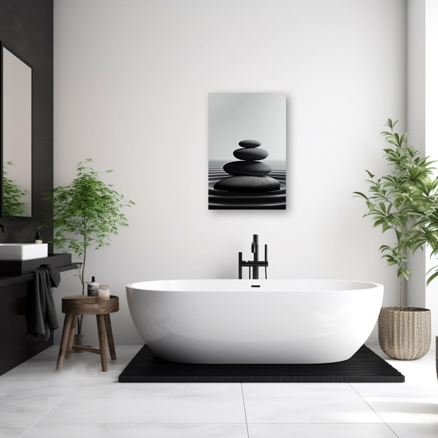 DOARTDO Zen Stone Canvas Wall Art Black and White Spa Stones Picture Print Modern Meditation Spirit Bathroom Decor Frame (12.00" x 18.00", Zen Stone - 1)