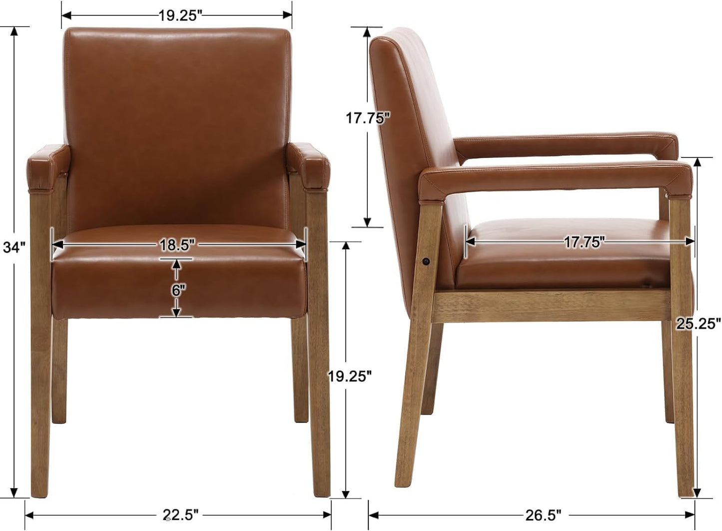 Kmax Modern Dining Chairs Set of 6 Faux Leather Kitchen Arm Chairs Upholstered Accent Chairs with Wooden Legs for Dining Room, Living Room, Bedroom, Brown