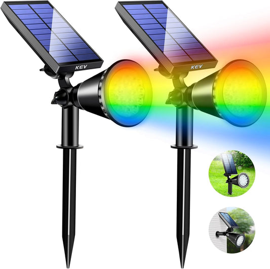 KEV Solar Spot Lights Outdoor,18 LEDs Color Changing RGB Solar Flood Lights with 8 Modes &IPX65 Waterproof,Halloween Solar Spotlight for Driveway/Backyard/Landscape/Tree(Multicolor,2 Pack)