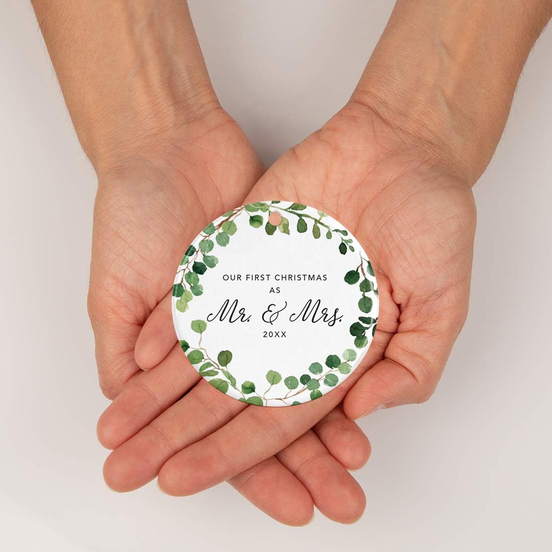 Andaz Press Custom Year Round Ceramic Porcelain Christmas Tree Ornament Keepsake Collectible Gift, Our First Christmas as Mr. & Mrs. 2025, Farmhouse Eucalyptus Wreath, 1-PackCouple