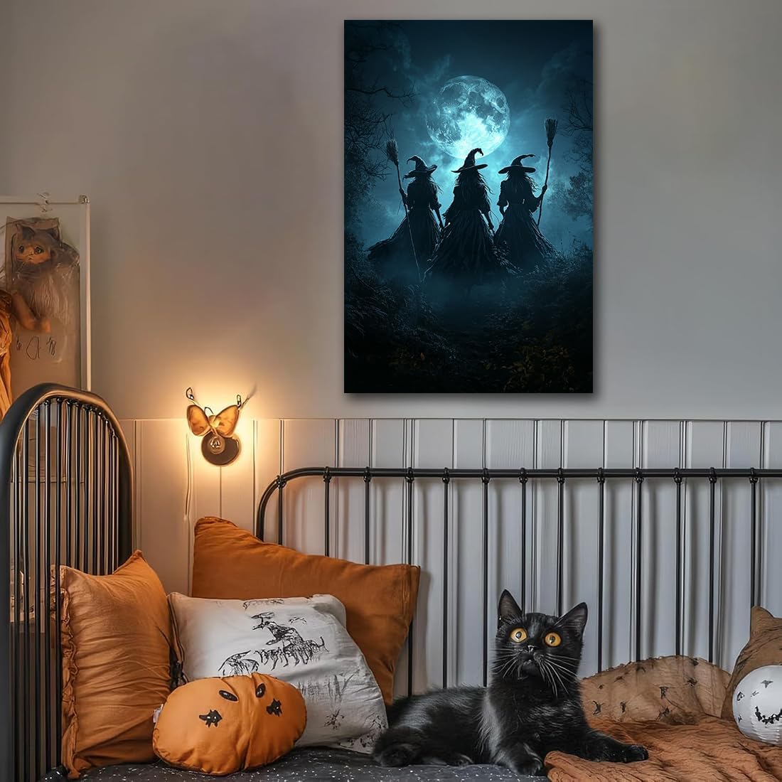 Moonlight Witches Halloween Canvas Art Picture,Three Witches on Broom in Forest Painting Print Gothic Decor,Halloween Witch Poster Witchy Room Aesthetic Bedroom Home Decorations,20"x30" Unframed