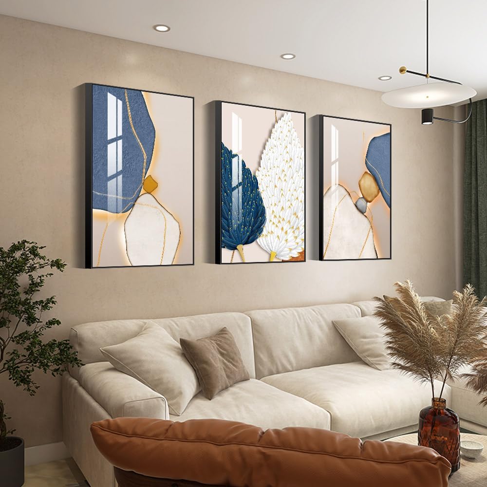 Bright Style Wall Art Set of 3 Frames Canvas Wall art Decor Abstract Minimalism Natural Posters & Prints, large Size Wall Art For Living room Bedroom Kitchen Office (24 "X 16" X 3 pieces, Blue)