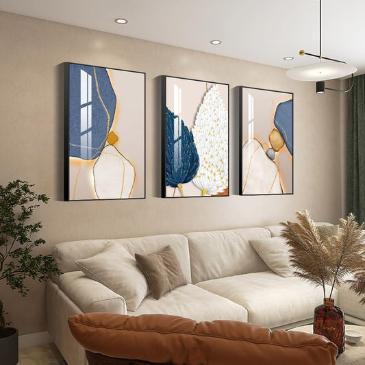 Bright Style Wall Art Set of 3 Frames Canvas Wall art Decor Abstract Minimalism Natural Posters & Prints, large Size Wall Art For Living room Bedroom Kitchen Office (24 "X 16" X 3 pieces, Blue)