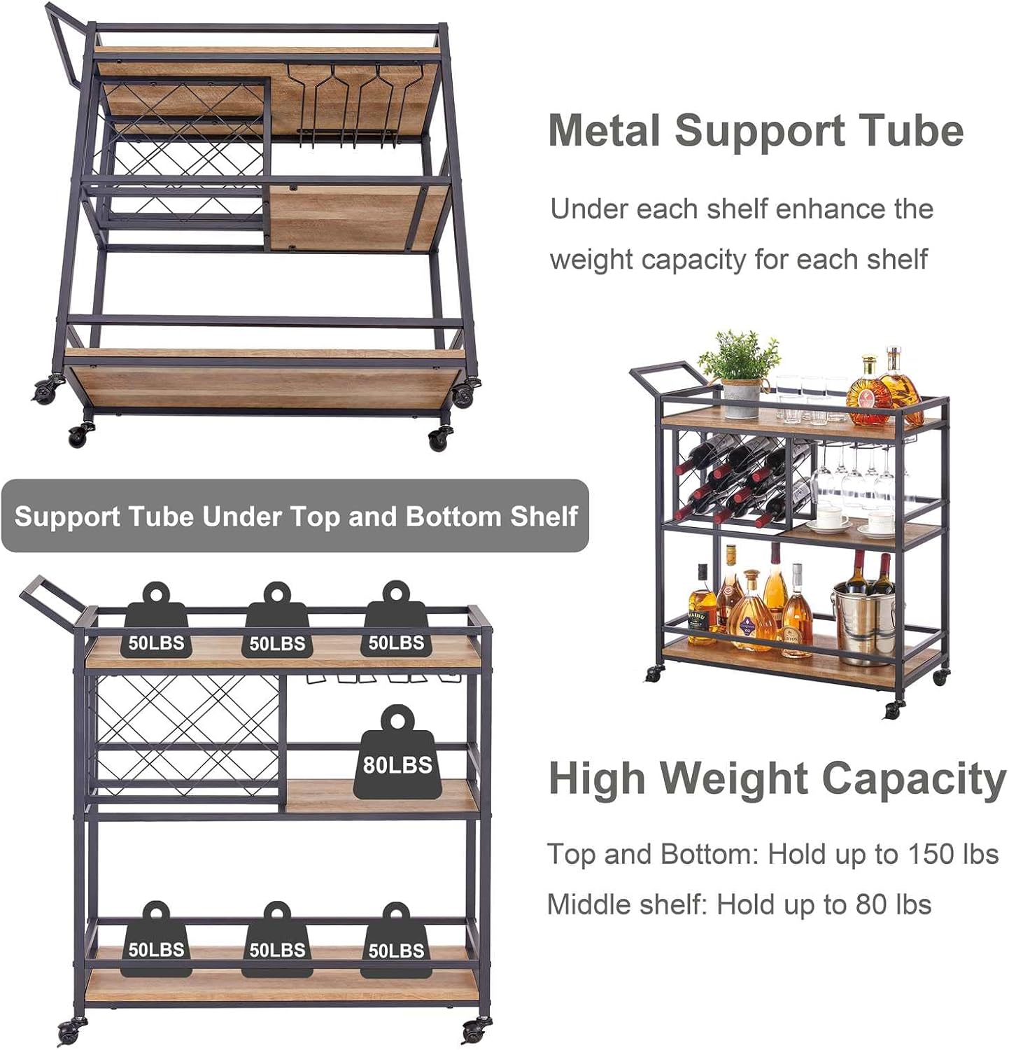 FATORRI Bar Cart for The Home, Rolling Wine Carts on Wheels with 3 Tier Wood Shelves, Liquor Beverage Cart with Wine Rack and Glass Holder (Rustic Oak)