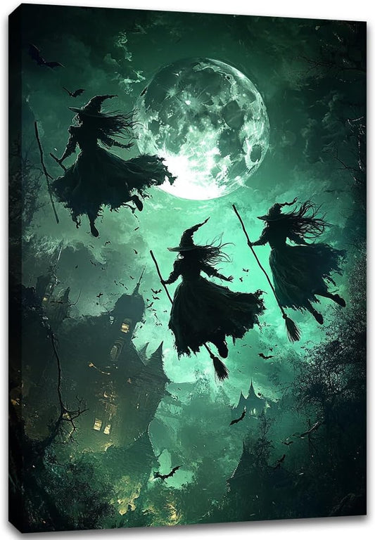 Flying Three Witches Halloween Canvas Wall Painting,Witches on Broom Under Full Moon Castle Victorian Decoration Haunted House Retro Poster for Living Room Bedroom Gallery,8"x12" Framed