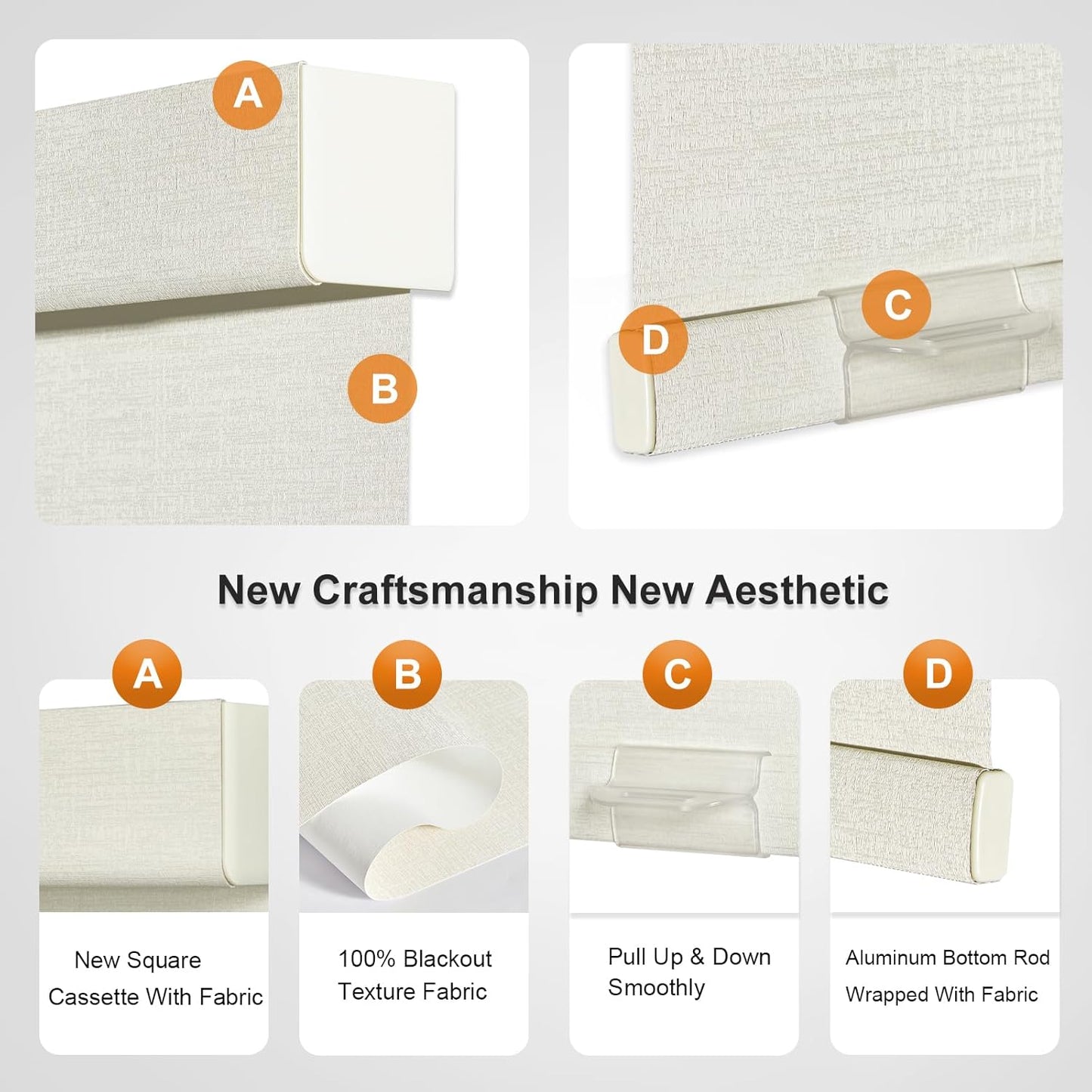 Persilux Blackout Shades for Windows Cordless Roller Blinds, Roller Windows Shades for Home with Fabric Attached Valance, UV Protections Easy Installation for Door/Office, Limestone(65" W x 64" H)